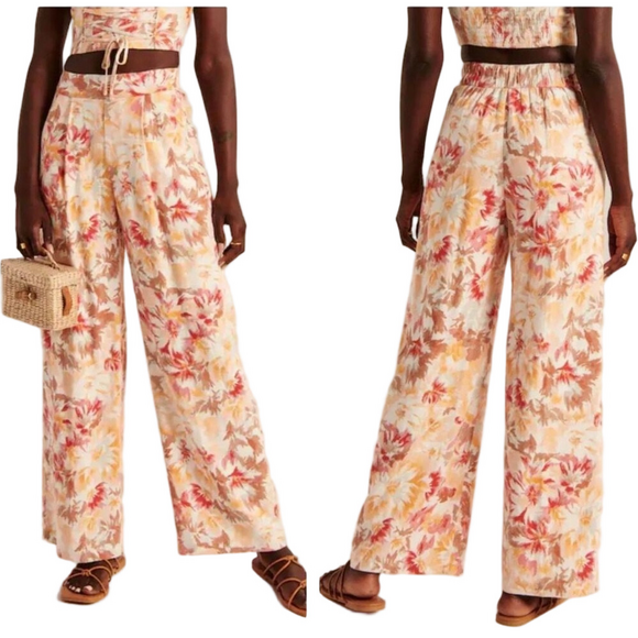 Abercrombie & Fitch Pants - ABERCROMBIE & FITCH Orange Red Floral Linen Blend Wide Leg Pants Sz S